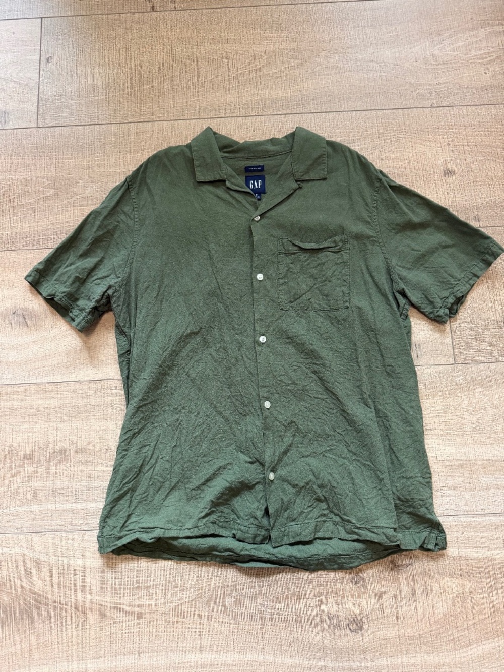 GAP Olive Green Linen Blend Camp Collar Short Sleeve Button Down Shirt Size M